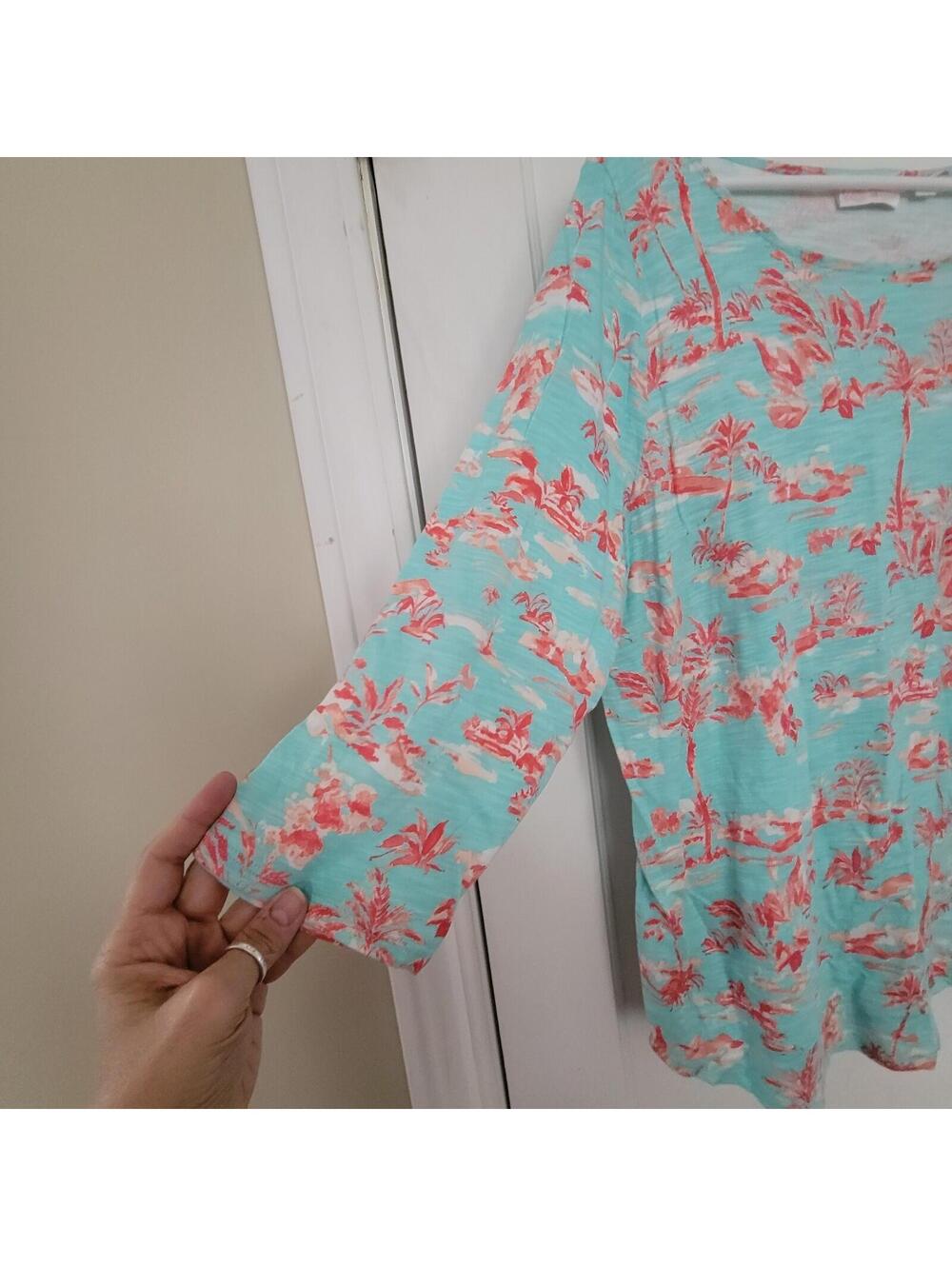 Belle by Kim Gravel Women's Top XL Pink Palm trees Tropical Long sleeves Blue - Picture 4 of 7